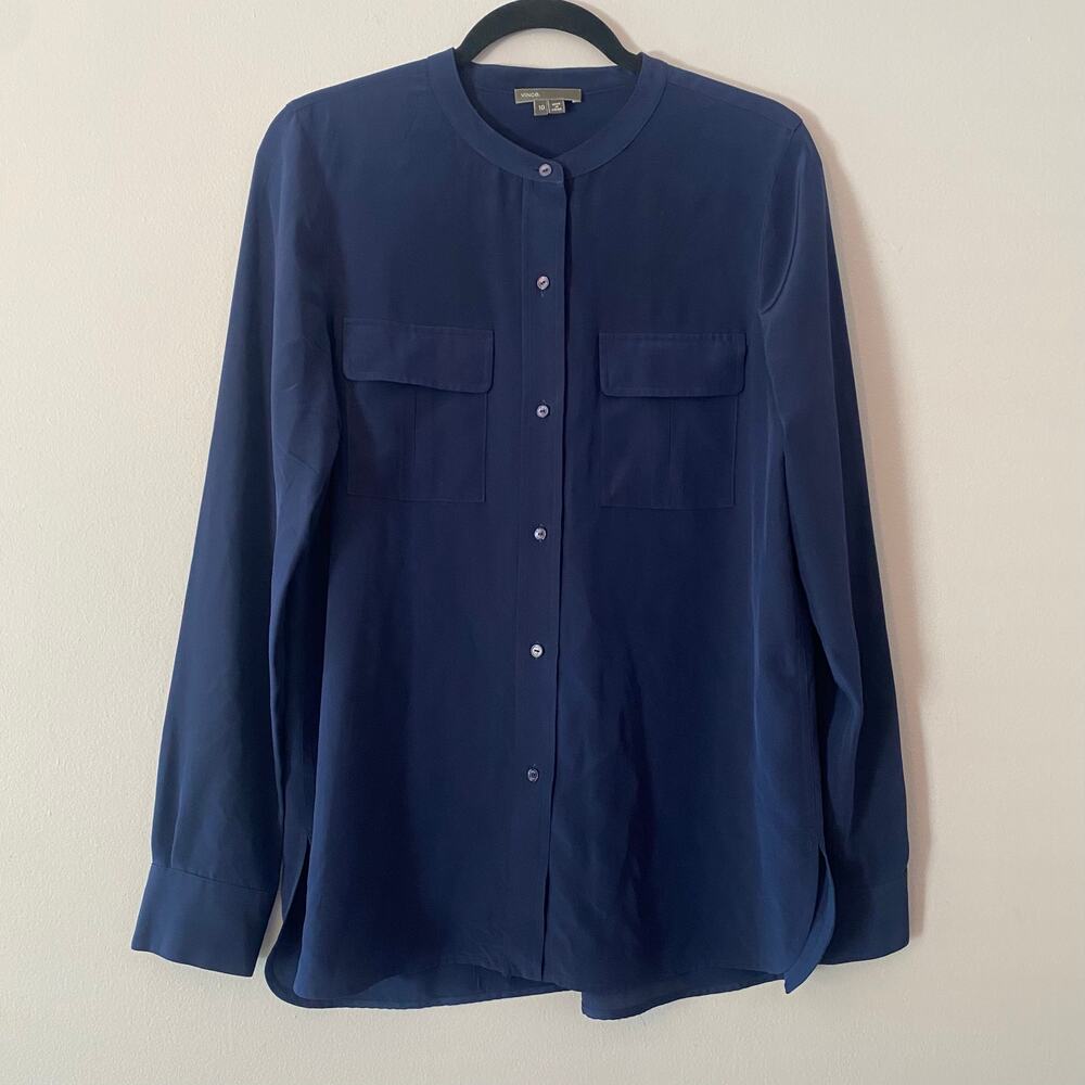 Vince. Navy Blue Button Down Shirt 100% Silk Military Minimalist Women's size 10
